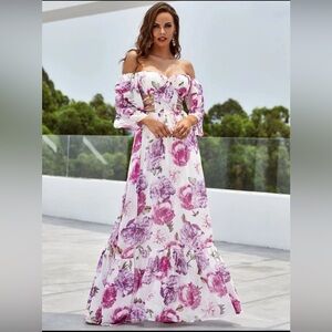 Floral Off The Shoulder Flounce Sleeve Cut Out Maxi Chiffon Dress